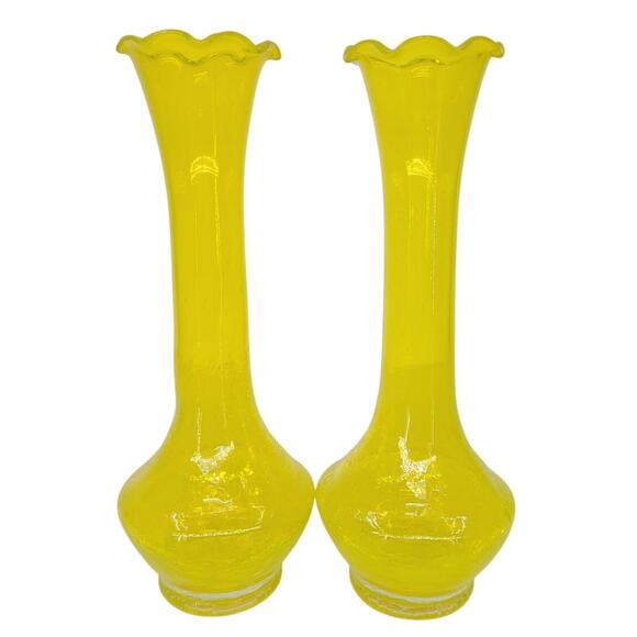 Vintage Yellow Crackle Glass Bud Vase Set Ruffle Rim Mid Century Home Decor - Picture 1 of 6